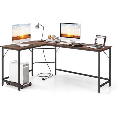 COSTWAY Bureau d'angle 168 x 125 cm, Bureau d'ordinateur en Forme de L avec Support UC, 2 Prises Électriques et Port USB & Type C, Poste de Travail Cadre en Métal (Marron Rustique) (1/5)