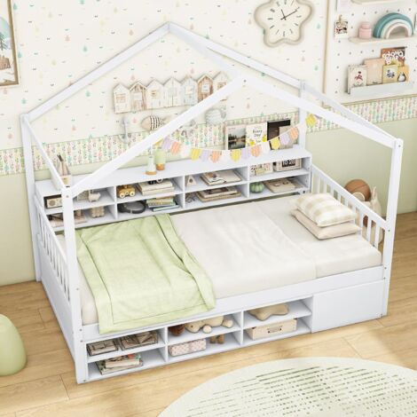 COSTWAY Lit Cabane Enfant 90x200 cm, Lit d'enfants en Bois avec 14 Cubes de Rangement et Armoire avec Porte, Sommier à Lattes et Protection Contre Les Chutes en Bois, Lit avec Toit, Blanc (1/5)