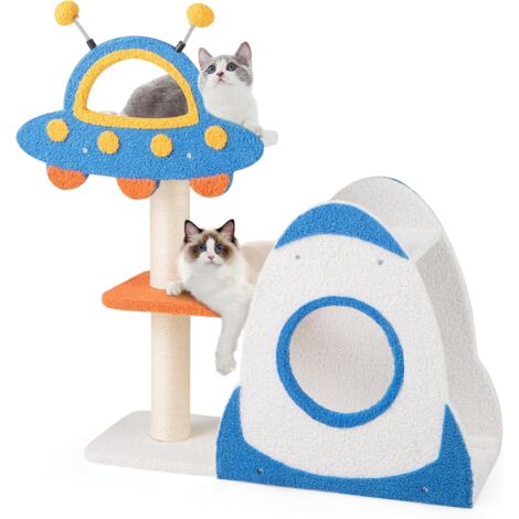 COSTWAY Arbre a Chat Design 87 cm, Petit Arbre a Chat à Thème Spatial, Griffoir pour Chat en Sisal, 4 Plateformes, Arbre a Chat Bois, Condo, 2 Pompons à Ressort, Peluche Teddy, 80 × 33 × 87 cm (1/5)