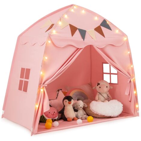 COSTWAY Tente De Lit Enfant Avec 2 Fenêtres Et Drapeaux, Tente De Jeux Enfant En Tissu Brosse Lavable En Machine Cabane Interieure Pour Garcons Et Filles De 3 Ans 201x100x122cm Beige 92313367