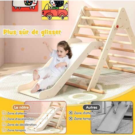 Triangle D’escalade Montessori Avec Toboggan – Pliable, En Bois De Hêtre – Charge 50 Kg – Pour Enfant Dès 1 An – Développement Moteur Et équilibre – 103 X 89 X 81 Cm