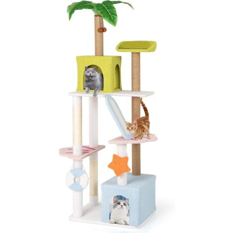 Costway – Arbre à chat 180 cm – 4 niveaux – 2 condos douillets – Griffoirs en sisal et jute – Jouets interactifs – Design plage – 59 x 49 x 180 cm (1/5)