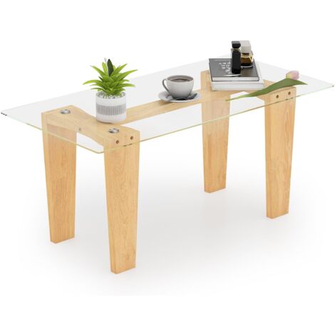 COSTWAY Table Basse en Verre Trempé, Table Basse Bois, Pieds en Bois d'Hévéa Massif, Table de Salon, Minimaliste, Table Basse Verre pour Salon, 100 x 50 x 41 cm (1/5)