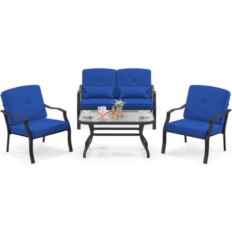 COSTWAY Salon de Jardin 4 Pièces avec Table Basse en Verre Trempé et Coussins Charge 300KG, Ensemble de Canapés de Terrasse avec Cadre Métallique 4 Places, pour Patio Balcon Terrasse (Bleu) (1/5)