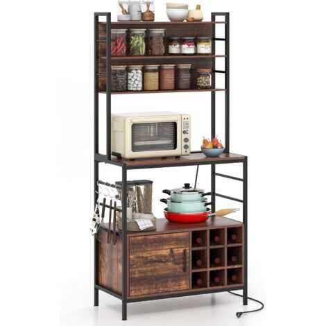 COSTWAY Étagère de Cuisine avec Prises de Courant, Armoire de Bar à Café avec Crochets, Porte-Bouteilles de Vin, Cadre en Métal Robuste, Support pour Micro-Ondes, pour Cuisine (Brun Rustique)
