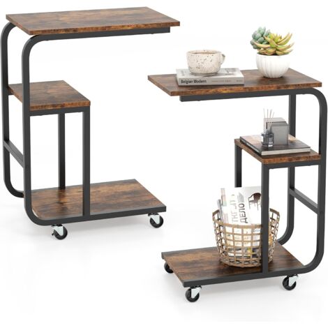 COSTWAY Table d’Appoint en Forme de C, Bous de Canapé à Roulette, Etagères Ouvertes, Cadre en Métal, roulettes Verrouillables, Table de Lit à Roulette pour Chambre, Salon, Marron Rustique (2) (1/5)