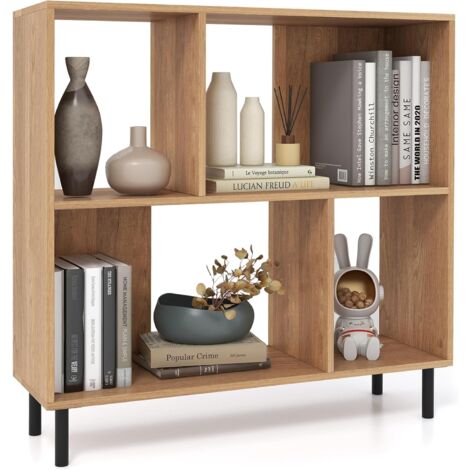 COSTWAY Bibliothèque à 4 Cubes, Étagère à 2 Niveaux avec Pieds en Métal, Étagère de Rangement Horizontale, Étagère d'Affichage Moderne, Organiseur de Rangement pour Salon, Chambre, Bureau, Nature (1/5)