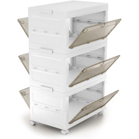 Costway – Boîte de rangement plastique 126 L – 3 caisses empilables avec couvercles – 4 roulettes dont 2 verrouillables – Accès facile par portes translucides (1/2)