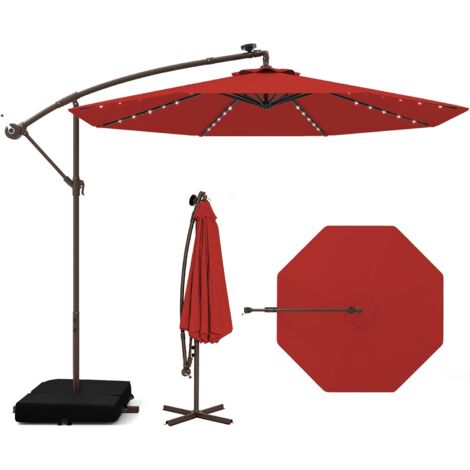 COSTWAY Parasol Déporté 3 x 3M, Grand Parasol de Jardin Extérieur Lumineux Solaire avec 2 Sacs de Sable, Base Croisée, Parasol Inclinable avec Manivelle, pour Balcon Jardin Terrasse Plage (Rouge)