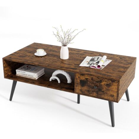 COSTWAY Table Basse avec Rangement, Table de Salon avec 1 Tiroir, Compartiment Large, 4 Pieds en Métal pour Salon (Marron Rustique) (1/5)