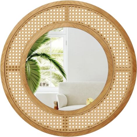 Costway – Miroir mural en rotin rond Ø 65 cm – Cadre bois et verre aluminium – Crochet métallique pour installation facile – Décoration intérieure (1/5)