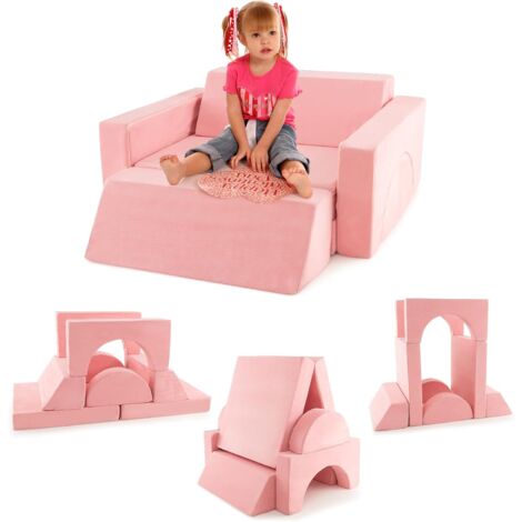 Costway – Fauteuil enfant convertible en tissu suédé – 8 coussins modulables – Housse amovible et lavable – Dimensions 105,5 x 101 x 48 cm – Rose