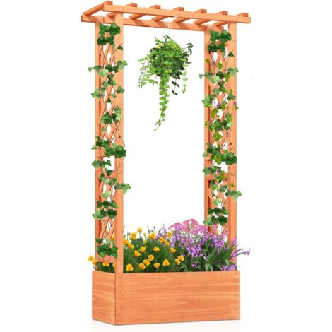 Costway – Jardinière surélevée en bois avec treillis et toit suspendu – Dimensions 66 x 32 x 152 cm – Trous de drainage pour plantes grimpantes (1/5)