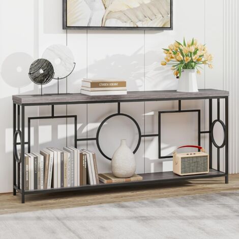 Costway – Console industrielle 180 cm – Cadre métallique noir – 2 étagères – Plateau épais en faux bois – Dispositifs anti-basculement intégrés
