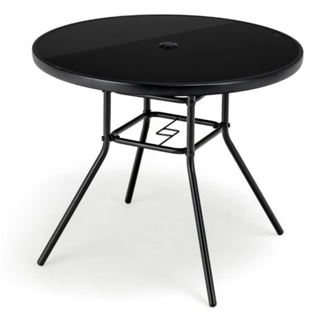 Costway – Table de jardin ronde 86 cm en verre trempé – Trou de parasol 3,5 cm – Cadre métallique robuste – Pour 4 personnes – Installation facile (1/5)