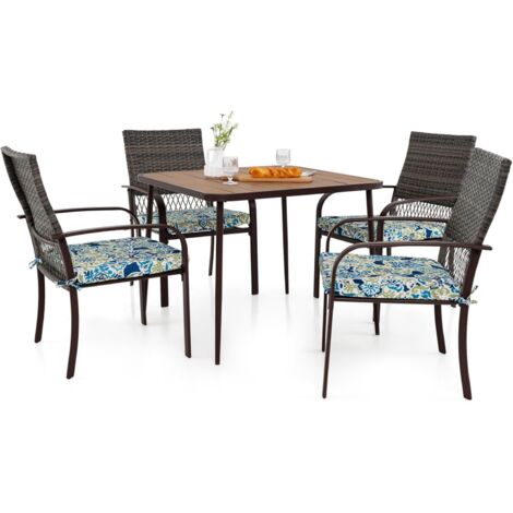 Costway – Ensemble de repas d'extérieur 5 pièces – 4 fauteuils en rotin PE avec coussins – Table carrée 80x80cm avec trou pour parasol – Structure métallique renforcée (1/5)