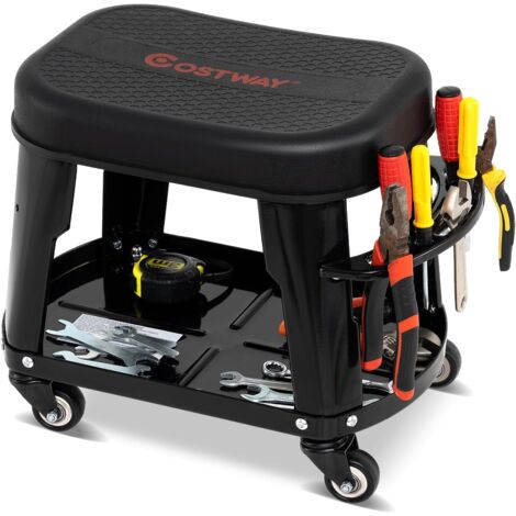 COSTWAY Tabouret d'Atelier Roulant avec Rangement, Siège de Mécanicien Amovible avec Plateau d'Equipement Porte-Outils Charge 136 kg, pour Garage Atelier, Noir