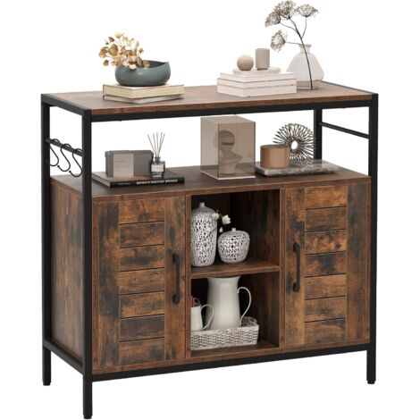 COSTWAY Buffet Cuisine, Armoire Cuisine avec 2 Portes, Compartiments Ouverts, Étagères Ajustables, 3 Crochets, Meuble Cuisine Rangement Industriel pour Cuisine, Salle à Manger, Salon, Marron Rustique (1/5)