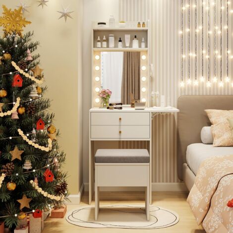 Coiffeuse COSTWAY Avec Miroir LED, 3 Lumières, Prises USB/Type-C Et Rangement - 108 Cm De Large - Style Industriel/Blanc - Avec Tabouret