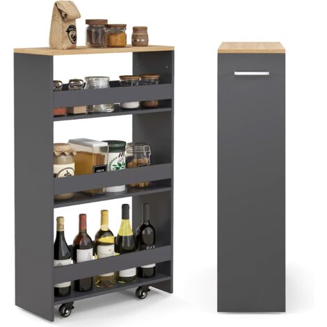 Costway – Desserte de cuisine étroite 20 cm – 4 niveaux avec roulettes verrouillables – Bois d'ingénierie durable – Poignée multifonctionnelle