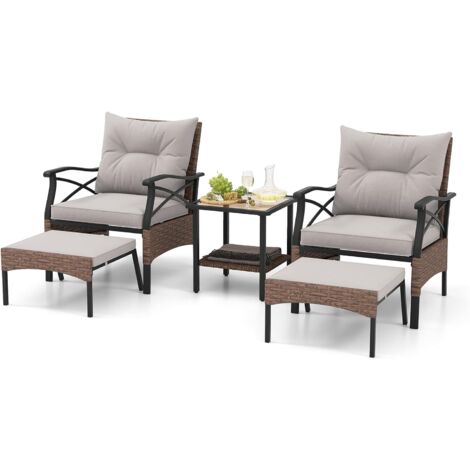 Costway – Ensemble de meubles de patio 5 pièces – Rotin PE résistant – 2 chaises, 2 poufs, table basse en verre trempé – Confort et design compact (1/5)