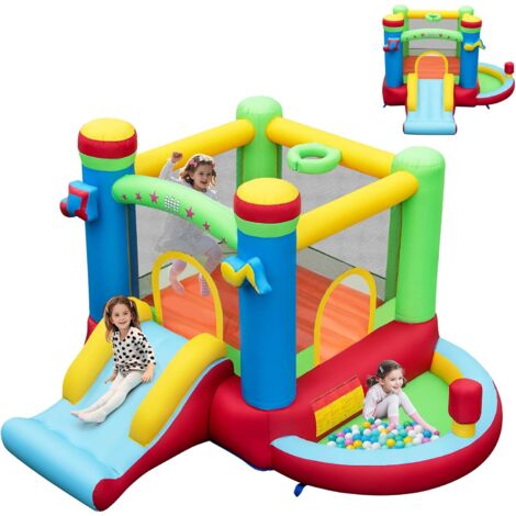 COSTWAY 5 en 1 Château Gonflable Musical avec Toboggan & Maison de Saut, Aire de Jeux Gonflable avec Piscine & Panier de Basket & Boxe, Intérieur Extérieur pour 3-12 Ans, Charge 90kg (1/5)