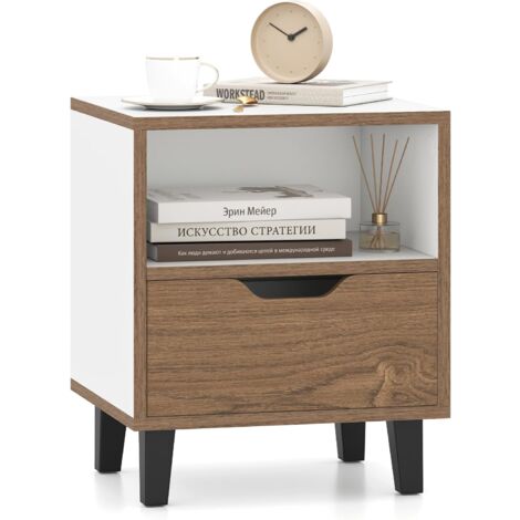 COSTWAY Table de Chevet avec Tiroir, Table de Nuit, Compartiment Ouvert, Pieds Métalliques, Chevet de Lit pour Chambre, Salon, Bureau, Naturel (1,Blanc) (1/5)