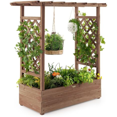 COSTWAY Jardinière avec 2 Treillis Latéraux Toit Suspendu en Bois de Sapin avec Trou de Drainage, Lit de Jardin pour Plante Grimpante Résistance aux Intempéries, Brun (110 x 44 x 113,5 cm) (1/5)