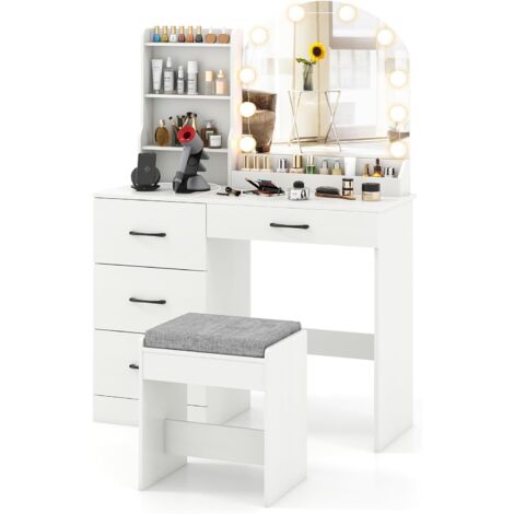 COSTWAY Coiffeuse avec Tabouret et Grand Miroir LED à Luminosité Réglable 3 Couleurs, 2 Prises de Courants et 2 Ports USB, Compartiments Ouverts, 4 Tiroirs, Blanc (1/5)