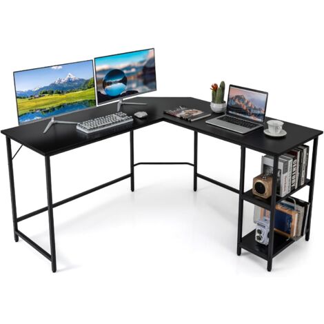 COSTWAY Bureau d'angle 138 x 138 cm, Bureau d'ordinateur en Forme de L avec Étagère à 2 Niveaux Amovible, Poste de Travail Cadre en Métal, Assemblage Facile, pour Bureau, Chambre (Noir)