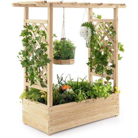 Costway – Jardinière en bois de sapin 110 x 44 x 113,5 cm – 2 treillis latéraux – Toit suspendu – Résistante aux intempéries – Trou de drainage (1/5)