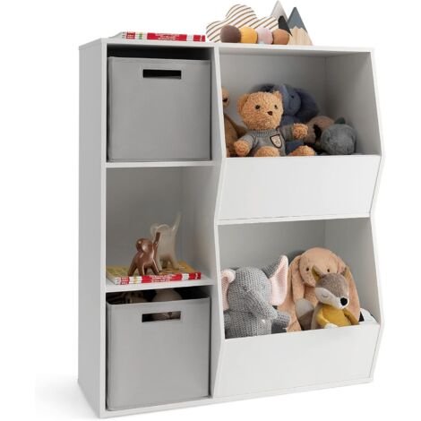 COSTWAY Étagère à Jouets Enfant avec 2 Bacs en Tissu Amovibles, Bibliothèque Enfant avec 3 Étagères Ouvertes & 2 Compartiments, Meuble Rangement Enfant pour Jouets Livres, 77 x 33 x 93,5 cm