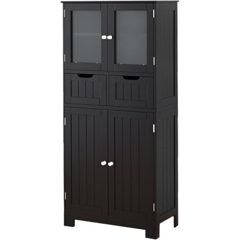 COSTWAY Meuble de Salle de Bain à 4 Portes 2 Tiroirs, Colonne Salle de Bain Armoire Haute avec Étagères Réglables pour Salon, Cuisine, 30 x 60 x 128 cm, Noir (1/2)