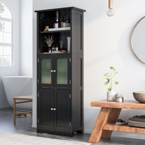 Costway – Armoire haute de salle de bain 4 portes – 2 compartiments ouverts – Étagères réglables – MDF noir – Dimensions 30 x 60 x 163 cm (1/5)