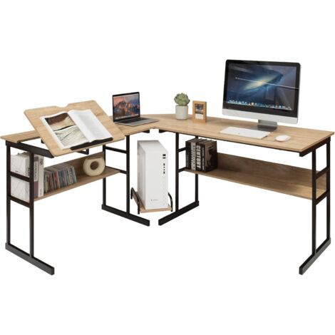 Costway – Bureau d'angle 170 x 150 cm – Bureau en L avec plateau inclinable – 2 étagères ouvertes – Support UC – Bois d'ingénierie et métal naturel (1/5)