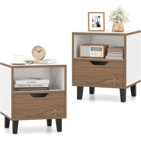 COSTWAY Table de Chevet avec Tiroir, Table de Nuit, Compartiment Ouvert, Pieds Métalliques, Chevet de Lit pour Chambre, Salon, Bureau, Naturel (2,Blanc) (1/5)