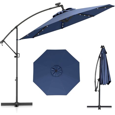 COSTWAY Parasol Déporté Excentré 3M, 32 LED Solaire, Inclinable et Rotation à 360°, 8 Baleines, Base Croisée, Parasol à Manivelle pour Jardin Extérieur, Terrasse, Bord de Piscine (Marine) (1/5)