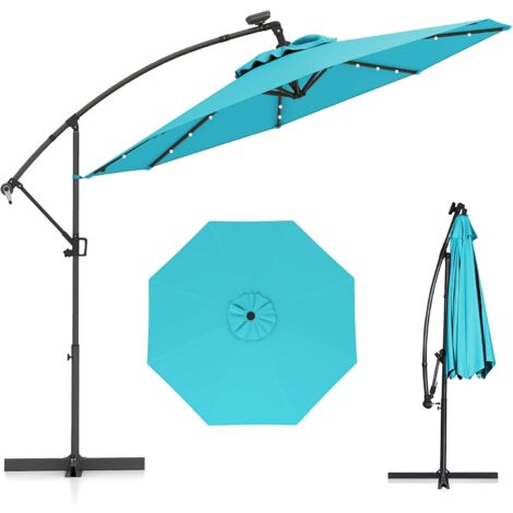 Costway – Parasol déporté 3M avec 32 LED solaires – Rotation 360° – Tissu polyester résistant à l'eau – Surface d'ombrage 7m² – Base croisée robuste