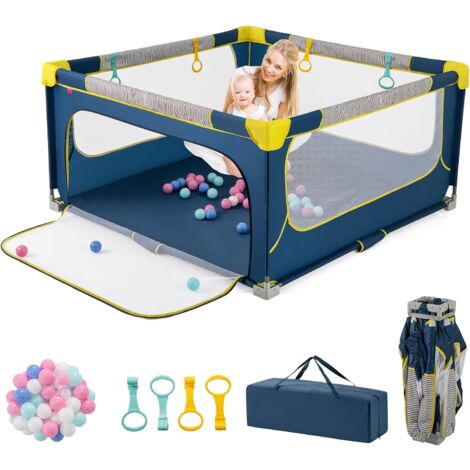 COSTWAY Parc Bebe Pliable avec 50 Balles Océaniques, Parc Enfant sans BPA pour Tout-petits avec Portail Zippé, 4 Anneaux de Traction, Clôture Large en Tissue Oxford (Bleu,150 x 150 x 76,5 cm)