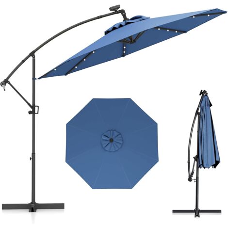 COSTWAY Parasol Déporté Excentré 3M, 32 LED Solaire, Inclinable et Rotation à 360°, 8 Baleines, Base Croisée, Parasol à Manivelle pour Jardin Extérieur, Terrasse, Bord de Piscine Bleu (1/5)