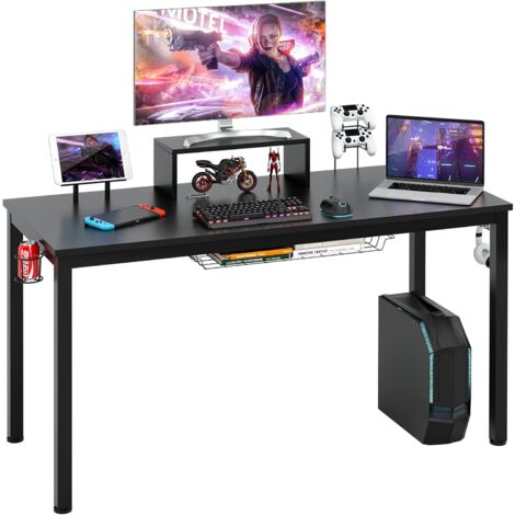 COSTWAY Bureau Ordinateur, Bureau Gaming, Gamer Table avec Etagère pour Ecran, Crochet Casque, Porte Gobelet, Support pour Tablette, Panier de Rangement, 140 x 60 x 74 cm, Montage Facile (1/5)