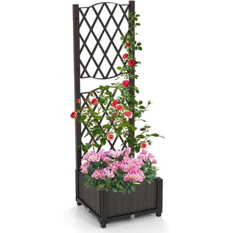 COSTWAY Jardinière avec Treillis sur Pied, Bac à Fleur Auto-arrosage en Rotin PP avec Trou de Drainage, Lit de Jardin pour Plantes Grimpantes, Légumes (40 x 40 x 122 cm)