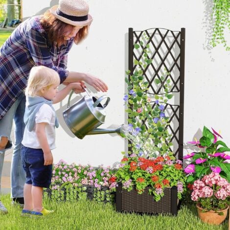 COSTWAY Jardinière avec Treillis sur Pied, Bac à Fleur Auto-arrosage en Rotin PP avec Trou de Drainage, Lit de Jardin pour Plantes Grimpantes, Légumes (40 x 40 x 122 cm)