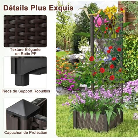 COSTWAY Jardinière avec Treillis sur Pied, Bac à Fleur Auto-arrosage en Rotin PP avec Trou de Drainage, Lit de Jardin pour Plantes Grimpantes, Légumes (40 x 40 x 122 cm)