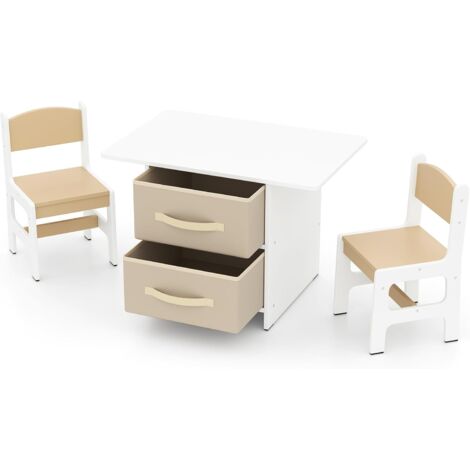 COSTWAY Table Enfant avec 2 Chaises & 2 Tiroirs en Tissu & Puzzle, Bureau Enfants en Bois avec Design Ergonomique, Coins Arrondis, Charge 50kg pour Tout-Petits de 3 Ans+, 71x48x50cm (Beige)
