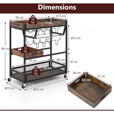 COSTWAY Chariot De Bar Industriel Marron Rustique - Desserte 3 Niveaux Avec Plateau Amovible, Casier Vin Et Porte-Verres
