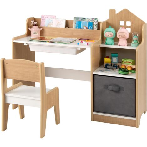 COSTWAY Bureau Enfant en Bois avec Chaise & 2 Compartiments, Table Enfant avec Tiroir & Bac de Rangement en Tissu, Étagères Ouvertes, Table à Dessin pour Enfants de 3 Ans+, Charge 20/50kg