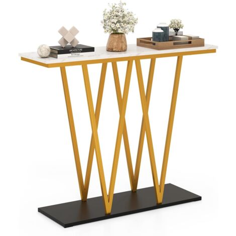 Costway – Console d'entrée moderne 100 x 30 cm – Plateau en marbre imité – Cadre métallique W – 2 kits antibasculement – Base stable et large