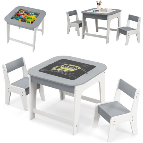 COSTWAY 3 en 1 Table Enfant en Bois avec 2 Chaises & Tableau Noir & Blanc, Table d'Activités Enfant avec Espace de Rangement Caché, Charge 30kg pour Jouer Lire pour Tout-Petits de 3-6 Ans (Gris)