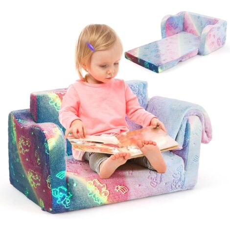 COSTWAY 2 en 1 Canapé-lit Enfant Brillant dans Le Noir avec Motif Licorne & Couverture, Fauteuil Enfant Convertible en Flanelle ave Housse Amovible & Lavable, Chaise Longue pour 3 Ans+(Rose)